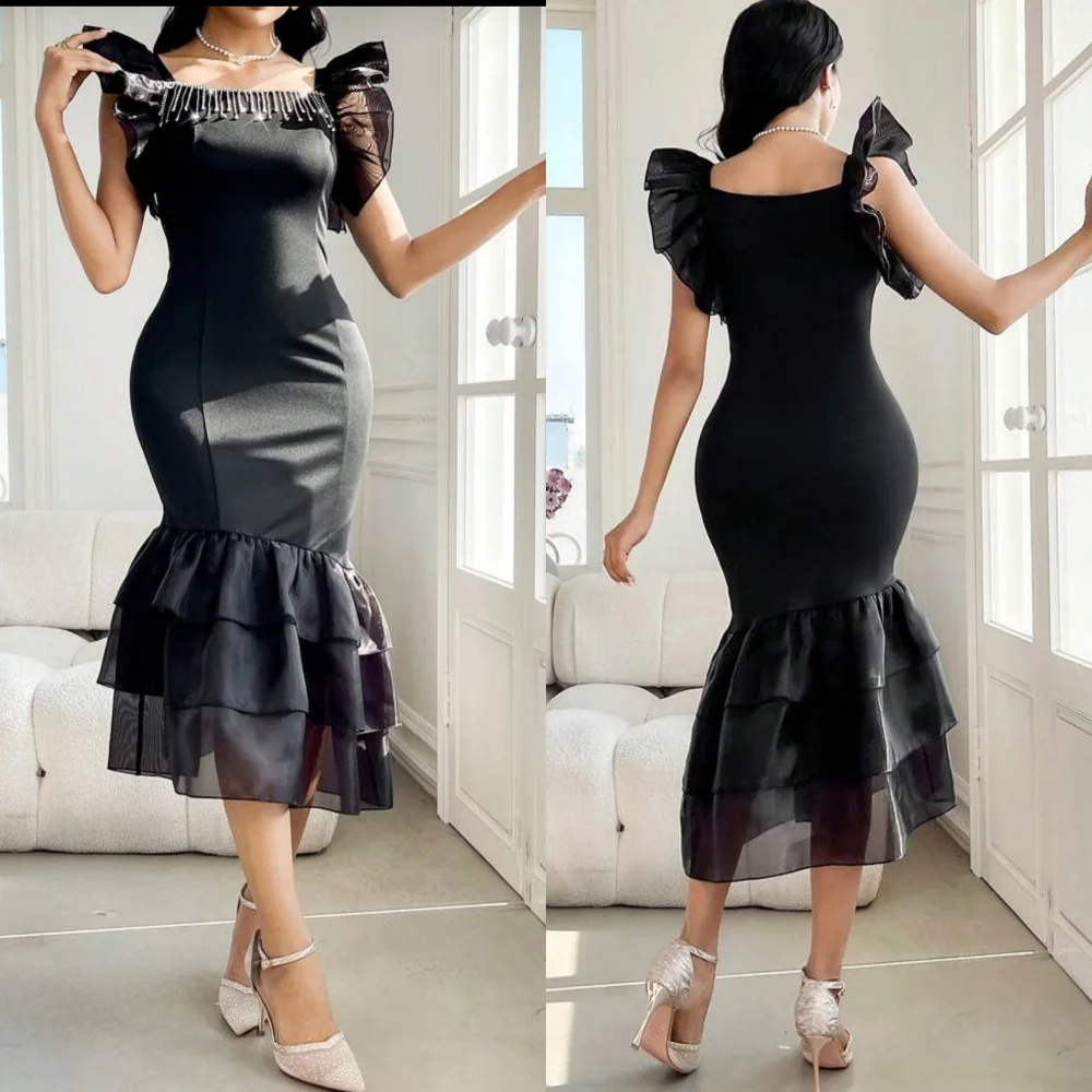 

Customized Jersey Ruched Tassel Square Neck Trumpet Midi Dresses Bespoke Occasion Fashion Exquisite High Quality Evening Party