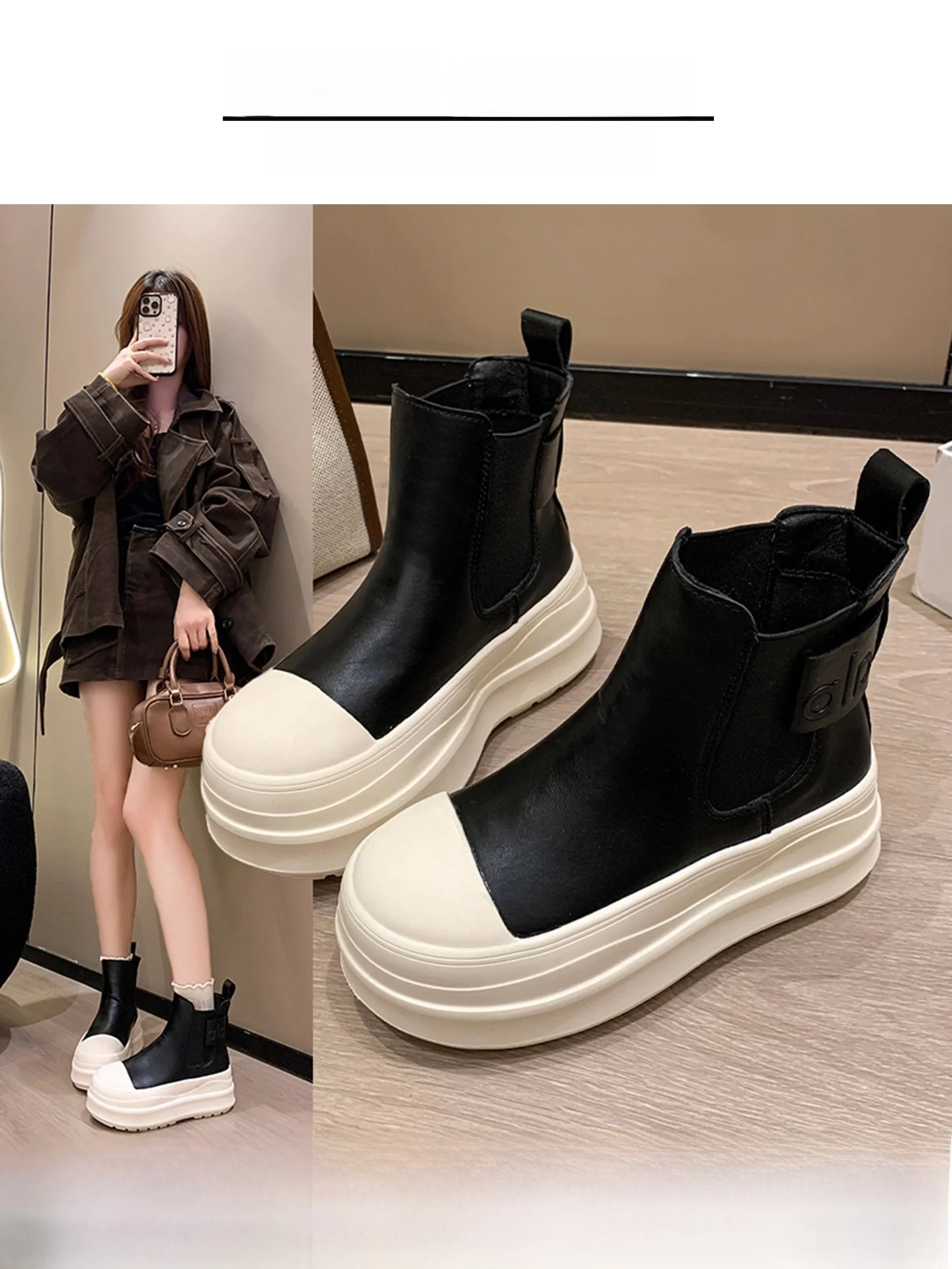 

Casual Waterproof Chelsea ort Boots Women's Boots Bla Versatile Thi Bot Heightening Small Size e Pipe Boots