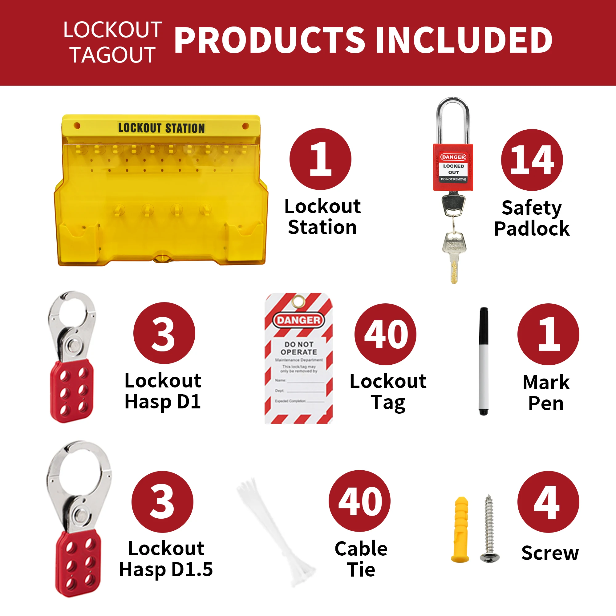 HiLink LOTO Manufacturer Lockout Tagout Kit Device Include 14 Padlocks, 1 Lockout Station, 4 Lockout Hasps, 40 Lockout Tags