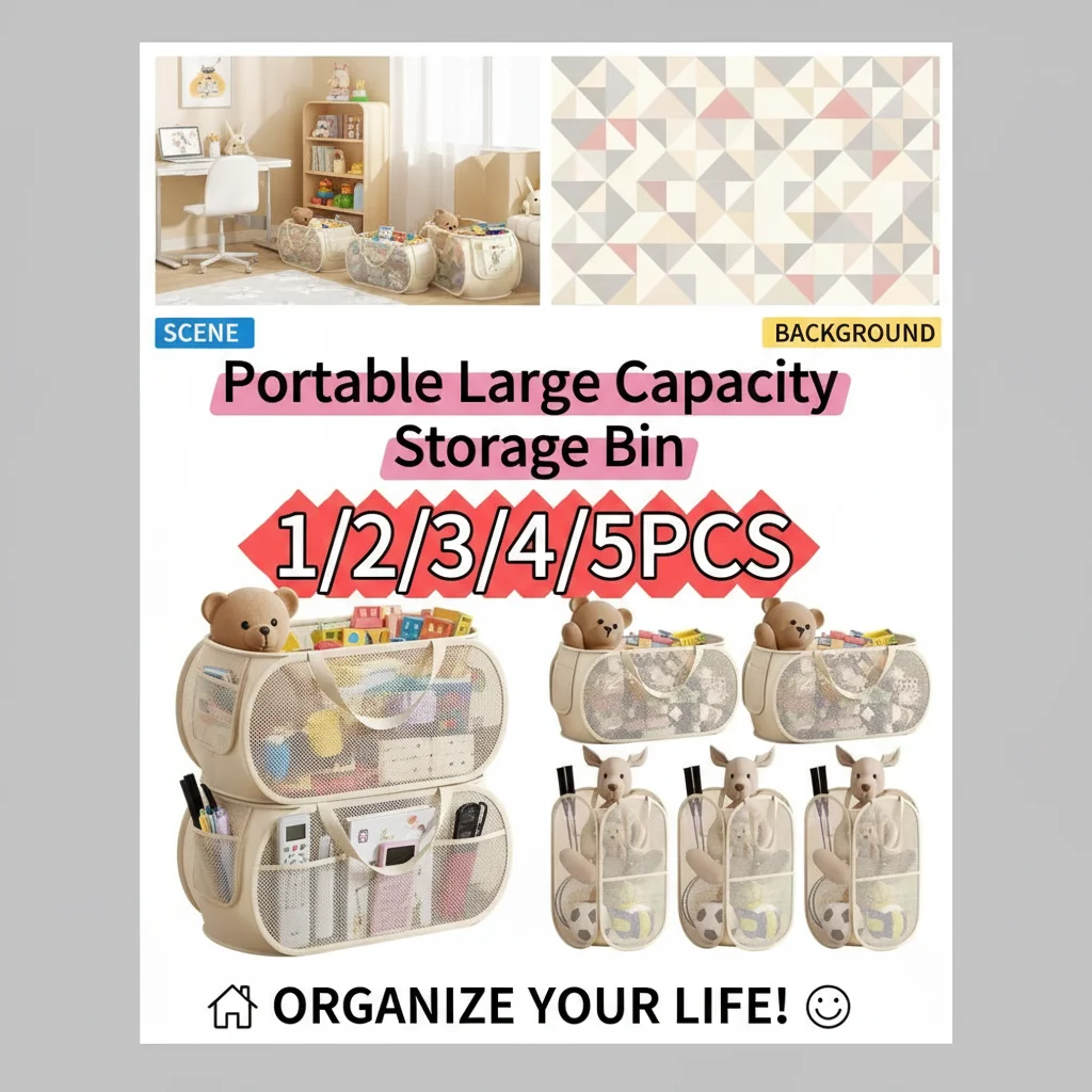 Portable Large Capacity Storage Bin - Multifunctional Toy Organizer for Plush Dolls, Household Laundry Hamper 1/2/3/4/5PCS