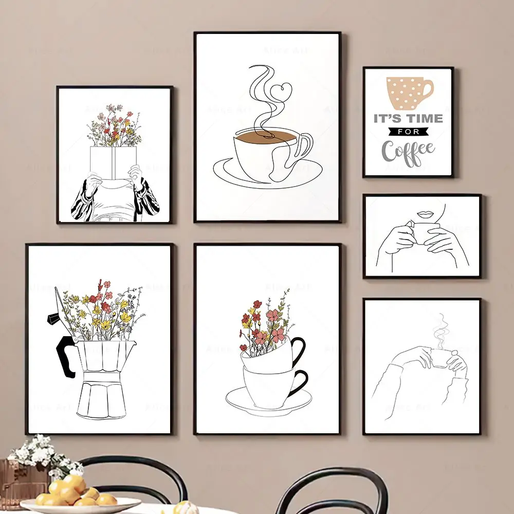 Nordic Coffee Flowers Wall Art Pictures Print Minimalist Line Coffee Mug Canvas Painting Cafe Shop Posters Kitchen Wall Decor
