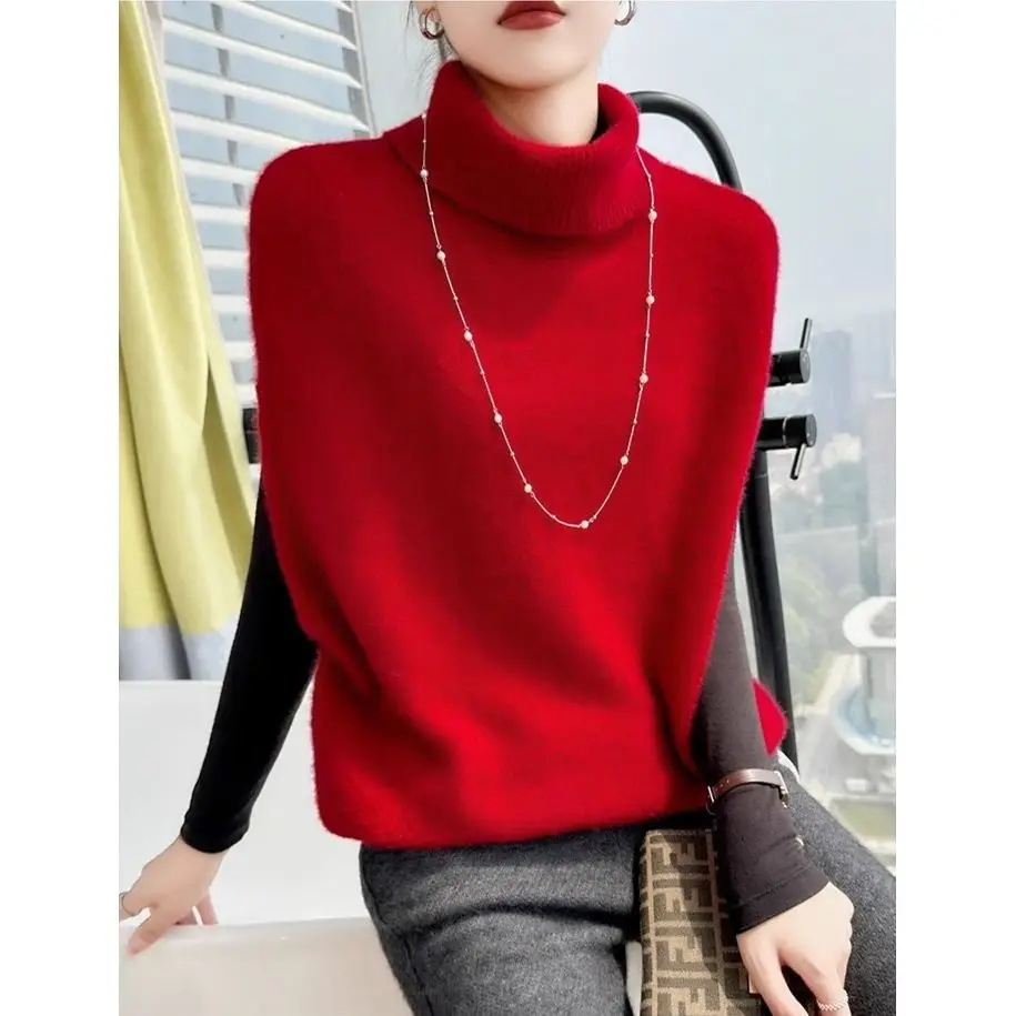 Middle Aged Mother Wearing Knitted Vest for Autumn and Winter Loose Sleeveless Sweater Jacket Batsleeved Upper Garment