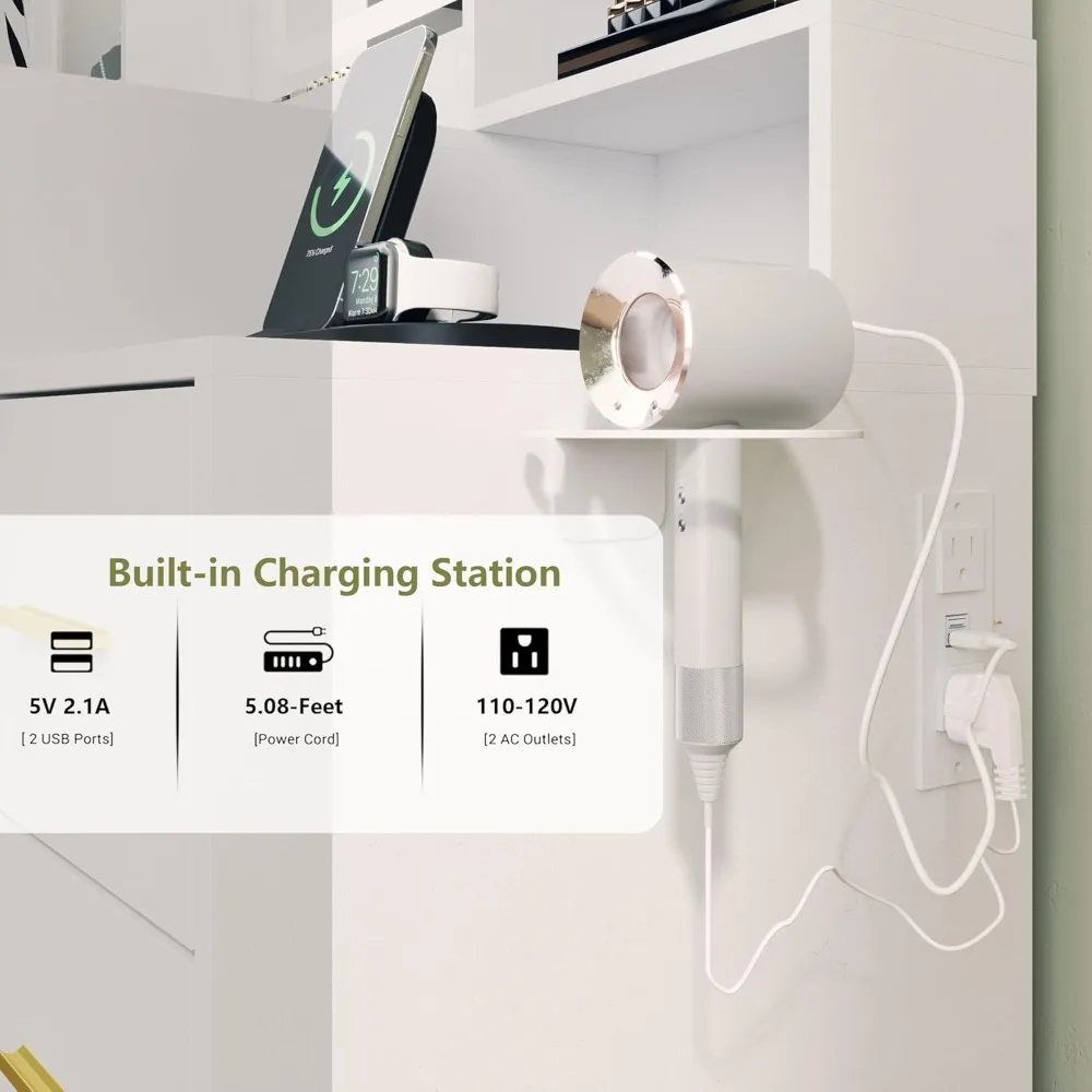 Meja rias bercahaya dengan cermin LED, penyimpanan 7 laci, dan kabinet RGB