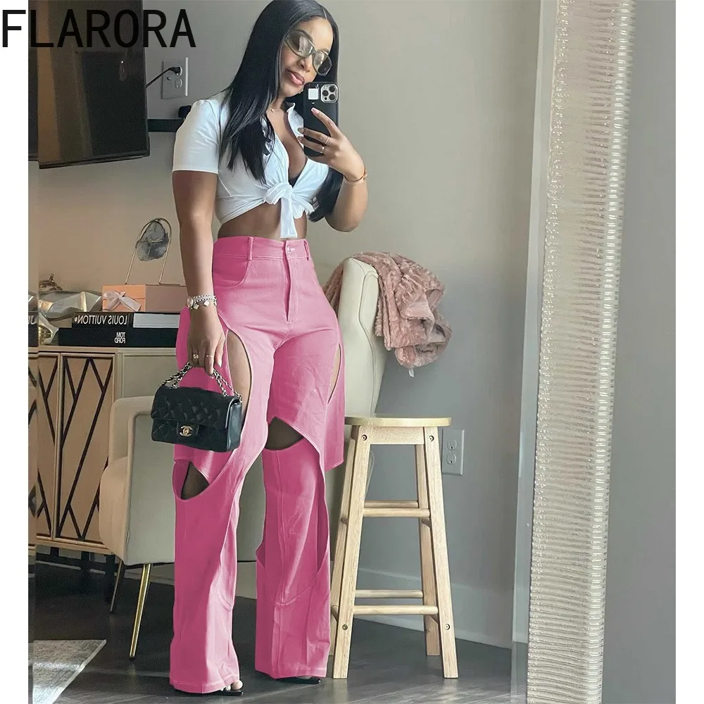 FLARORA Fashion Hollow Out Patchwork Wide Leg Pants Woman High Waist Button Zipper Closure Cargo Trouser Y2k Streetwear 2024 New