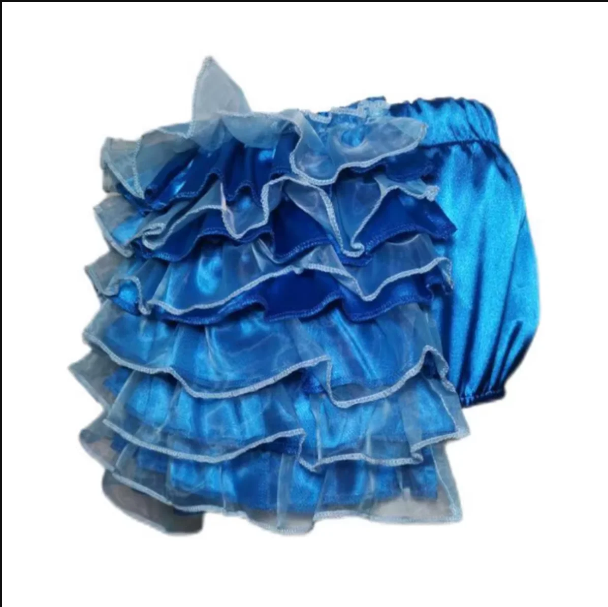 

French Sexy Adult Custom Fetish Cross Dressing Sissy Blue Smooth Satin Organza Patchwork Elastic Waist Shorts
