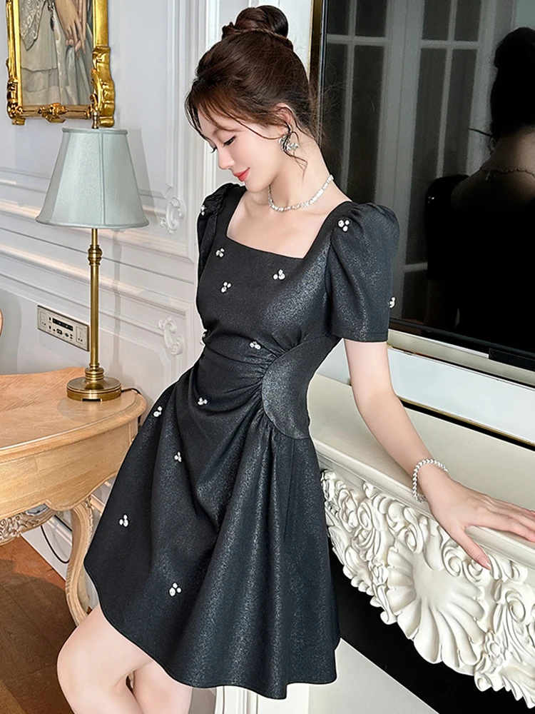 ผู้หญิงหรูหราชุดเจ้าหญิงหวานสุภาพสตรีภาษาฝรั่งเศสคําเพชรพับเอวจีบชุดหญิง PARTY PROM Vestidos NIght Club เสื้อผ้า