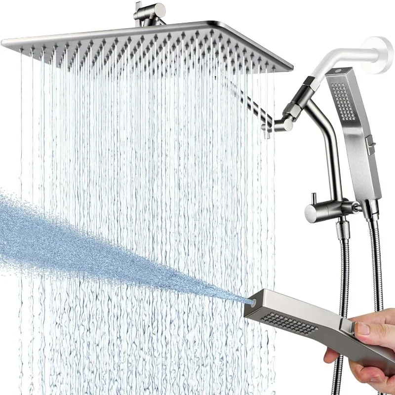 Rain Shower Head with Handheld Built-in Power Wash Mode 3-way Diverter with Pause Setting 11'' Adjustable Extension Arm