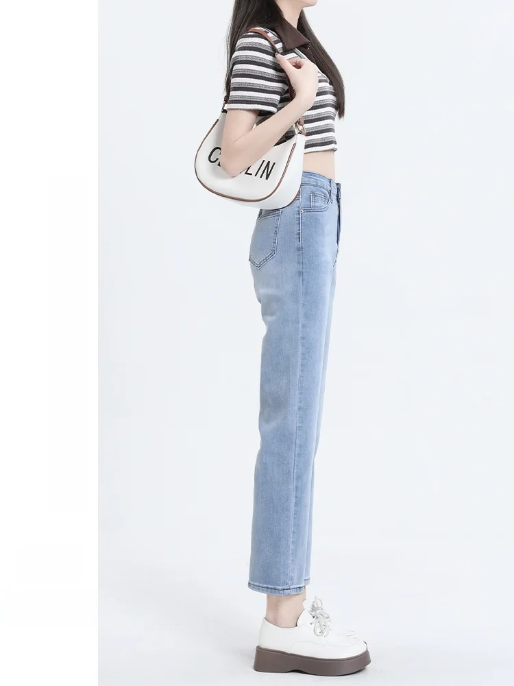 กางเกงยีนส์ขาตรงสีฟ้าอ่อน รุ่นใหม่ 2024 เอวสูง ทรงเข้ารูป ไซส์ใหญ่ ทรงหลวม 9 ส่วน ผ้าฝ้ายผสม...