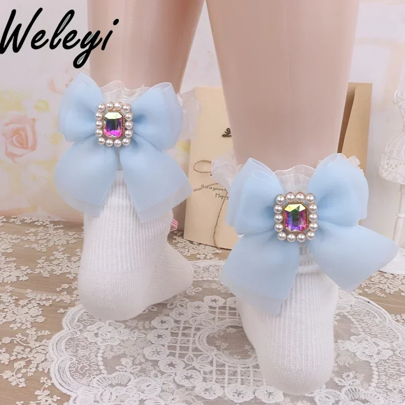 Jirai Kei Accessories Cute Girl Lolita Fungus Edge Pile Sock Japanese Style Mine Sweet Yarn Bow Tie Pearl Rhinestone Socks Woman