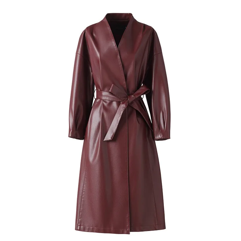 

2026 модный кожаный плащ женский с поясом длинная ветровка весна осень с v-образным вырезом верхняя одежда из искусственной кожи повседневные топы