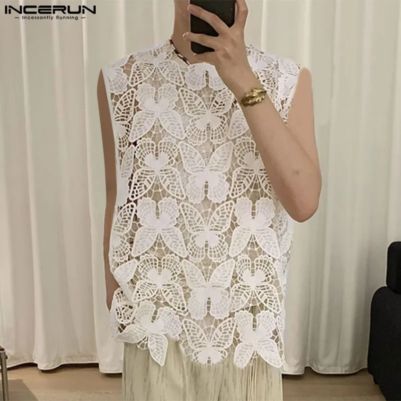 INCERUN Men Tanks Tops Hollow Out Lace Patchwork O-neck Sleeveless Transparent Male Vests Streetwear 2024 Fashion Men Clothing