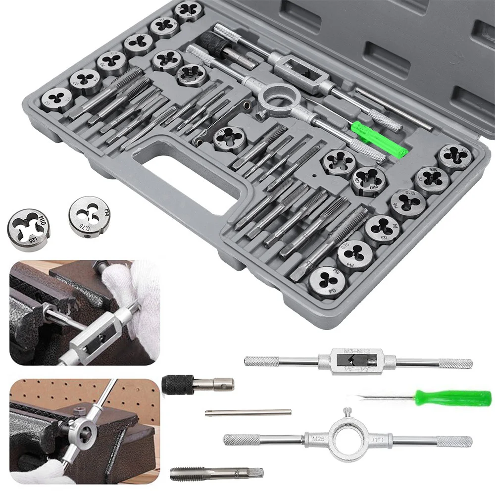 1 set di 40 pezzi, composto da maschi e filiere metriche M3-M12, kit di utensili per filettare con chiave per maschi e portafiliere, per filettature interne ed esterne, set completo per la