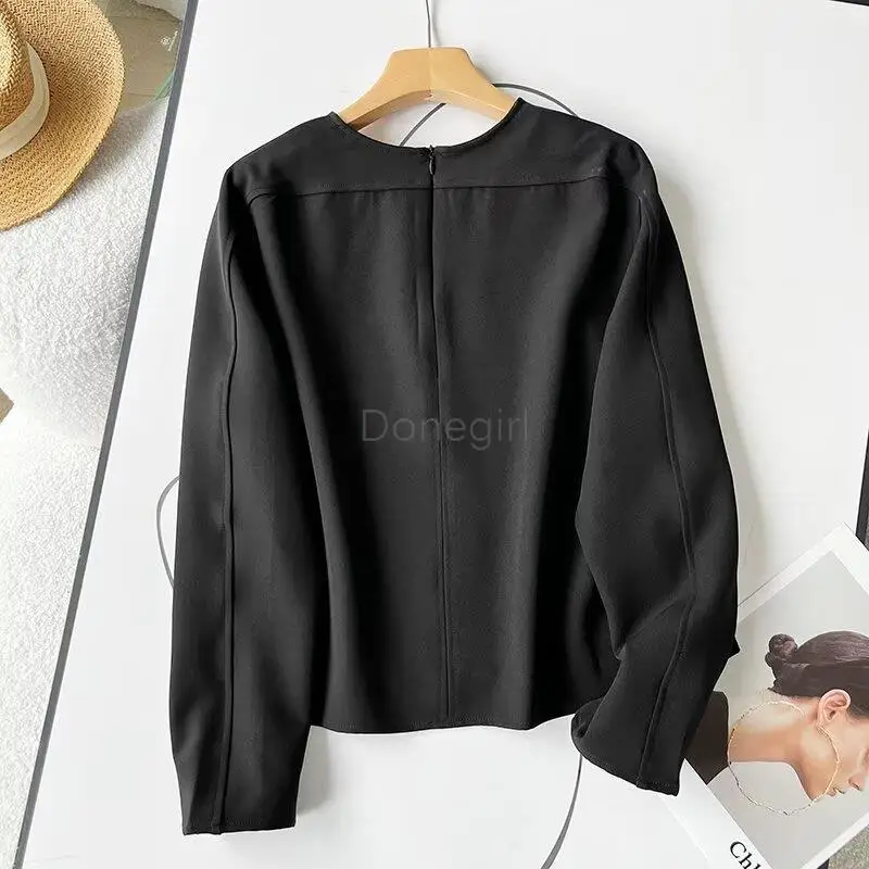 Donegirl 2024Summer New Women Fashion V-neck Long Sleeve Solid T-shirt Simple Casual Versatile Commute Pullover Tops Female Chic