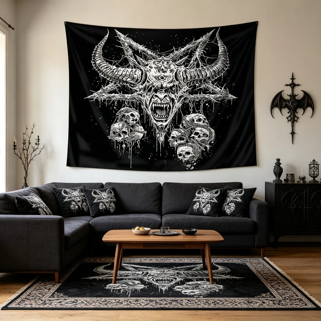 1PC Demon Skull Art Print Backdrop Banner, Bedroom Living Room Photo Background, Polyester, Home Decor, Wall Art