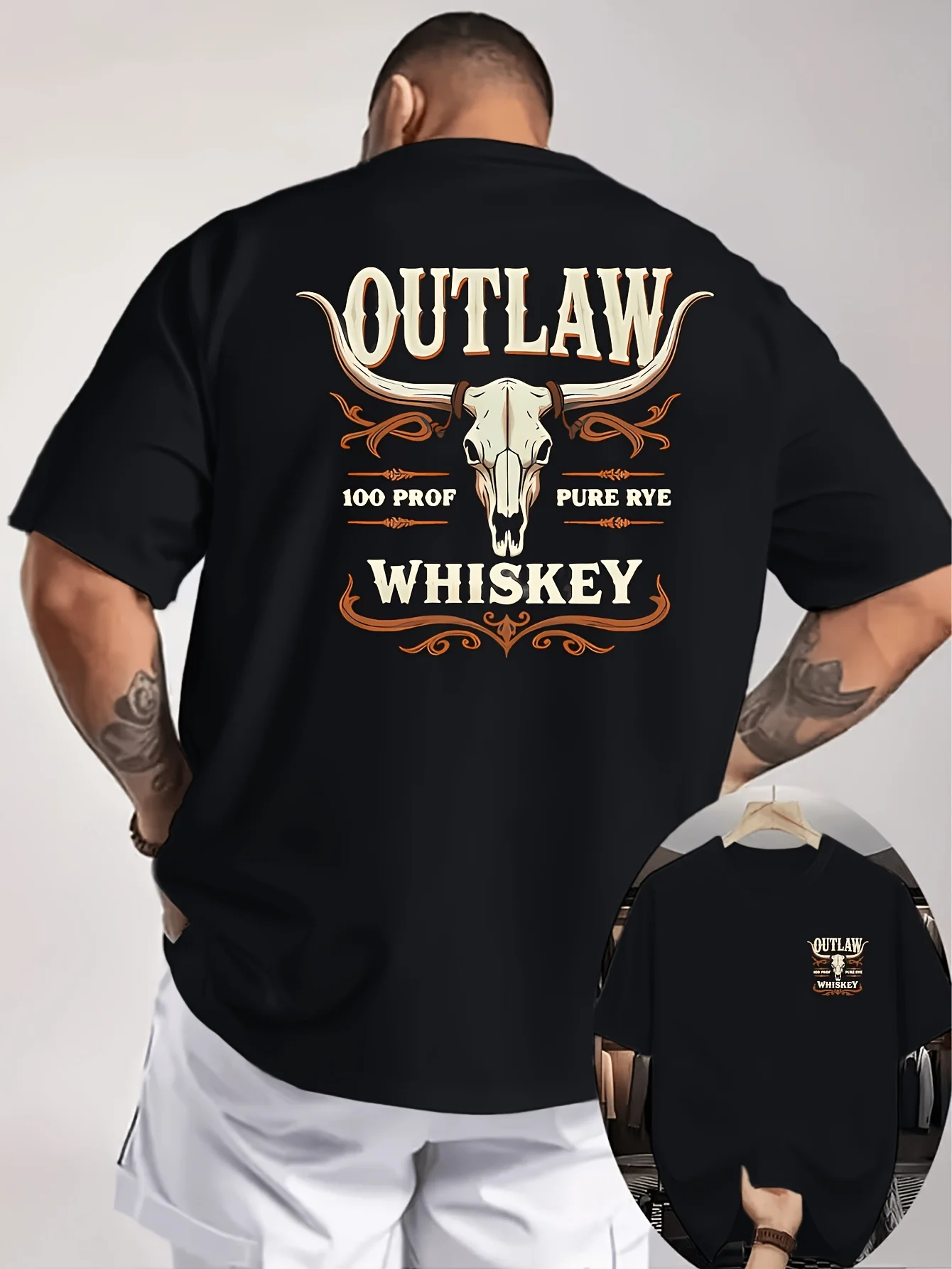 Outlaw Whiskey Western Whiskey Double-Sided Print Men's T-Shirt, American Retro Elements, Western Culture Enthusiasts Retro Loose Top, PLUS SIZE