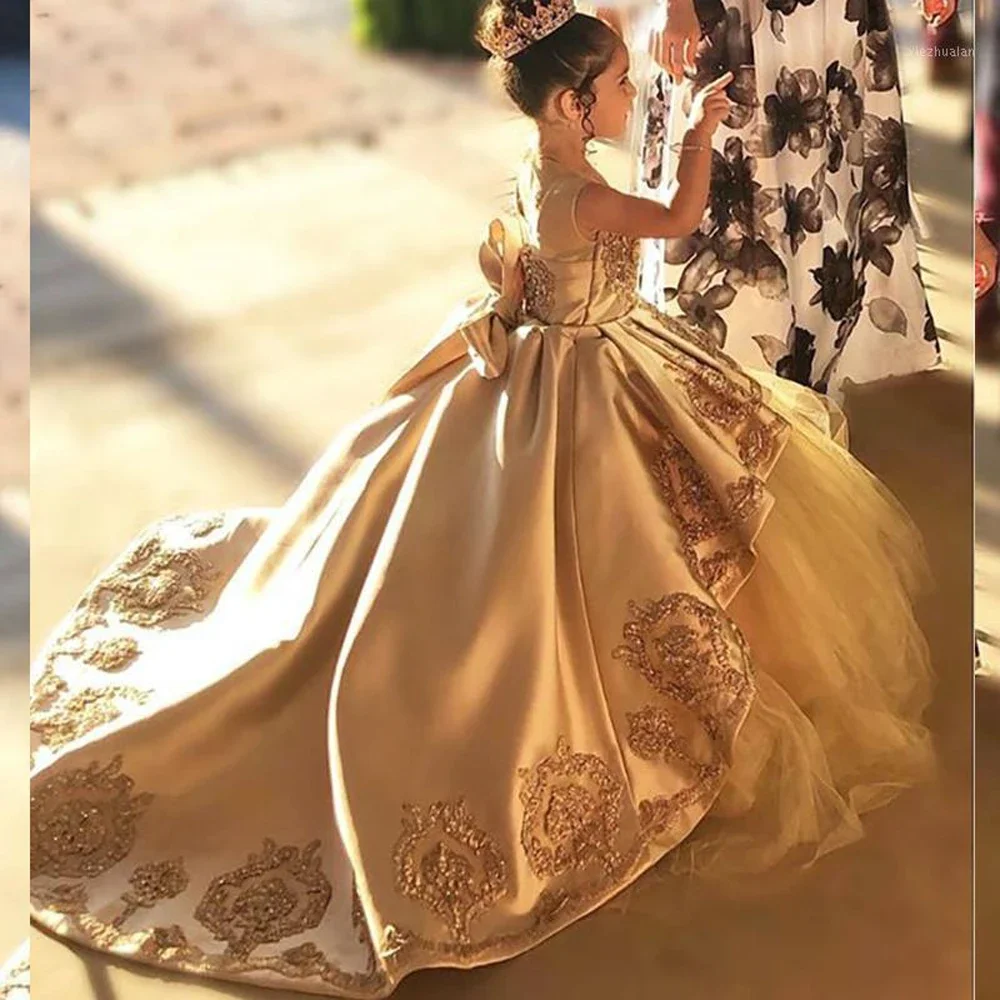 High Quality First Communion Dresses Kids Evening Ball Gown Gold Applique Bow Girls Pageant Dress Satin Tulle Flower Girl Dress