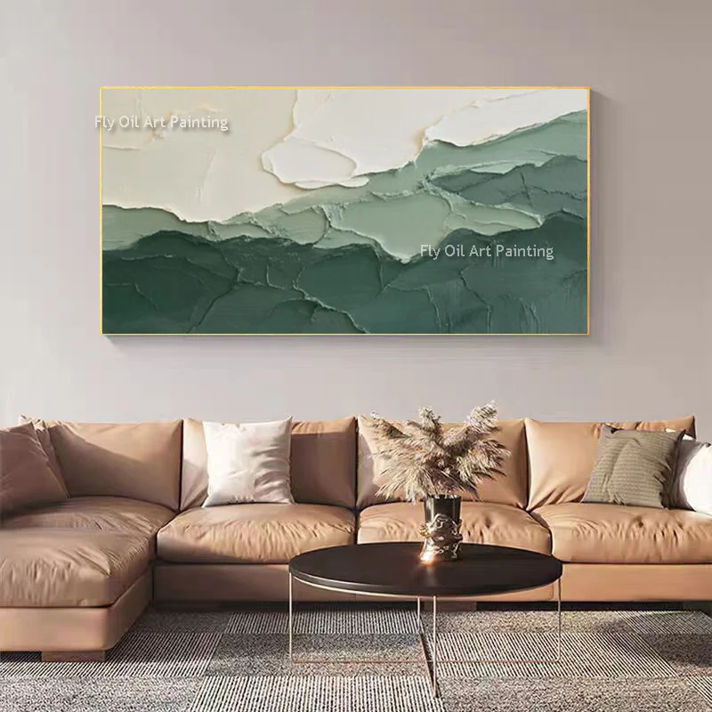 Popular Handpainted Green White Abstract Mountains Landscape Canvas Oil Painting New Simple Light Green Beige Home Wall Art Deco