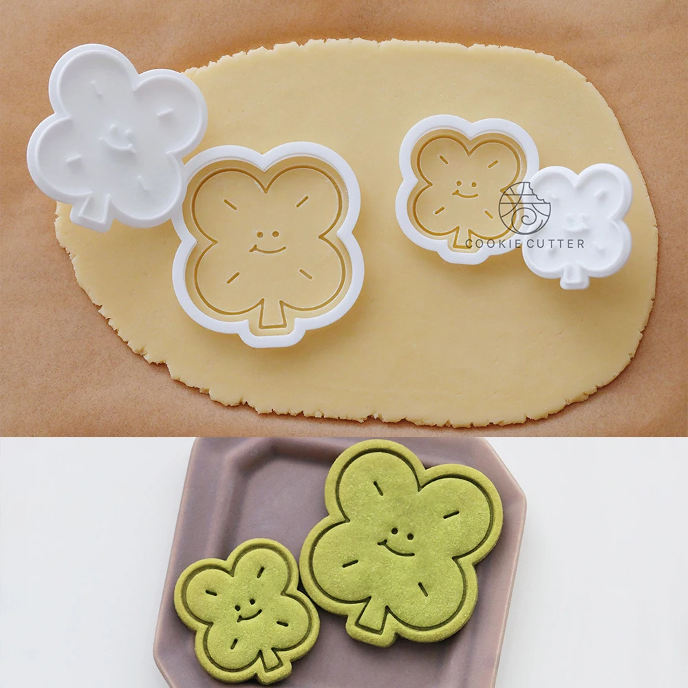Cartoon Four Leaf Clover Cookie Cutter Smiling Face Clover Cake Mold Cookie Stamp Baking Cake Decorating Tool Fondant Sugar Mold