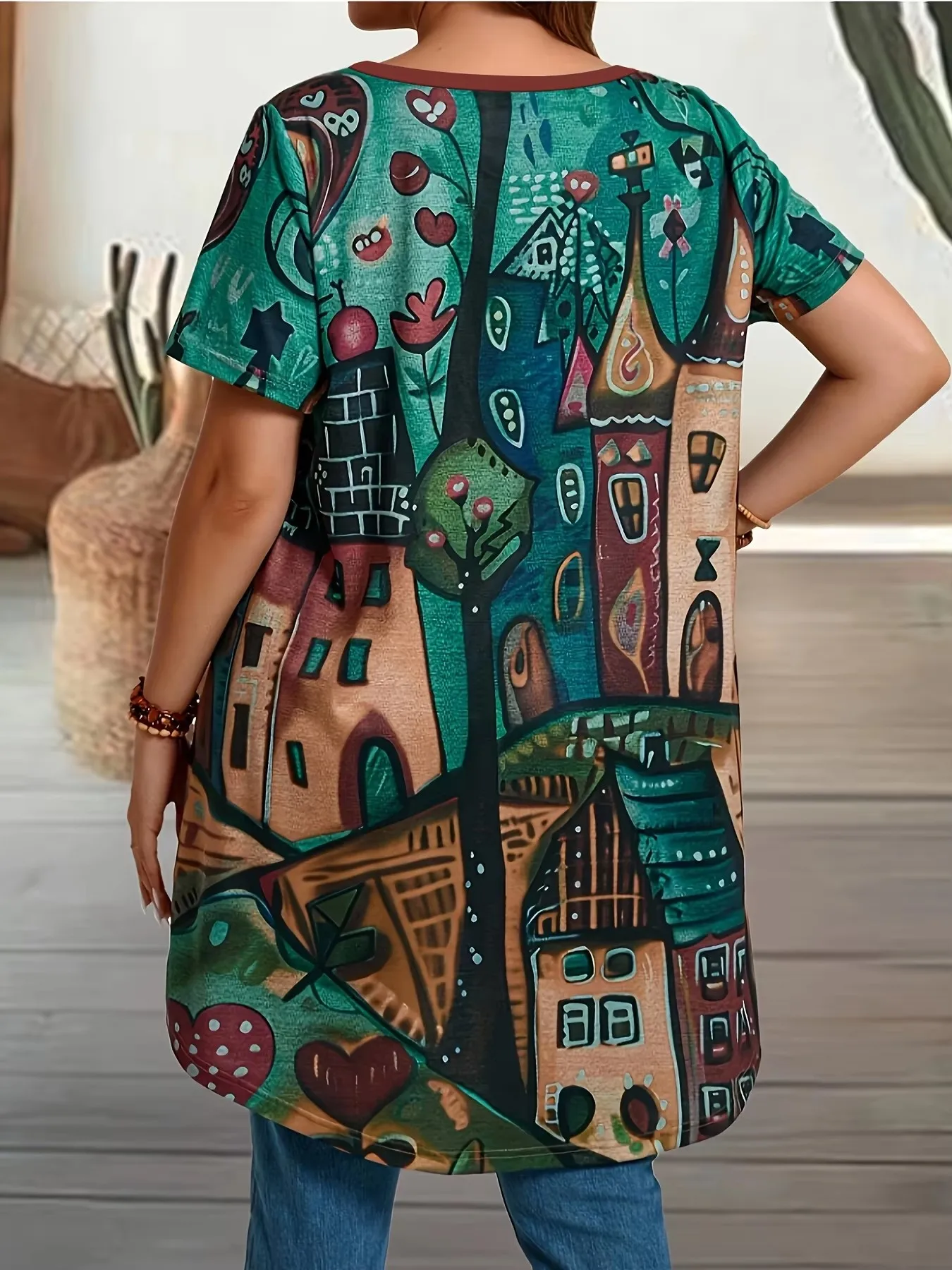 

Large women's summer country castle print round neck short sleeve casual T-shirt