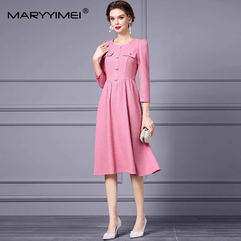 

MARYYIMEI Spring and Summer New Women Dress Three Quarter Sleeve Button High waist A-Line Solid Party Dresses