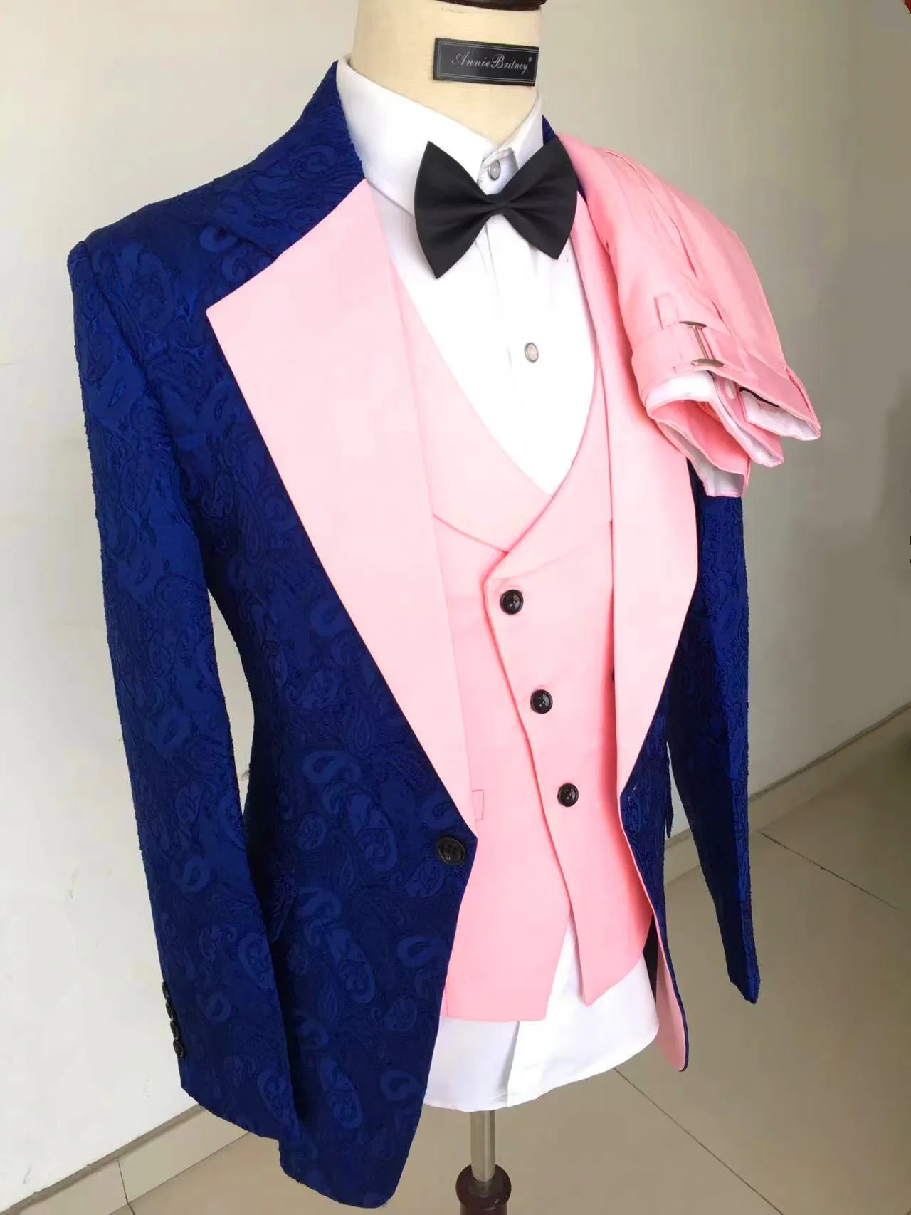 

Custom cashew jacquard formal wedding suits men Blue with Pink Fashion slim fit trajes de hombre casual party male costume homme