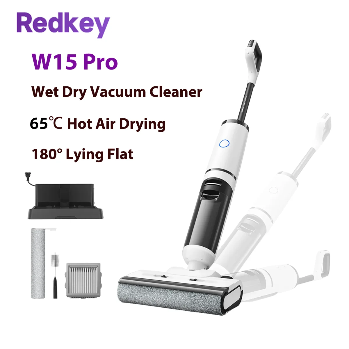 Redkey W15 Pro Беспроводной пылесос для влажной и сухой уборки Беспроводная швабра для самостоятельной мытья 22 кПа 65 ℃   Сушка горячим воздухом 180° °   Очистка лежащих плоских краев