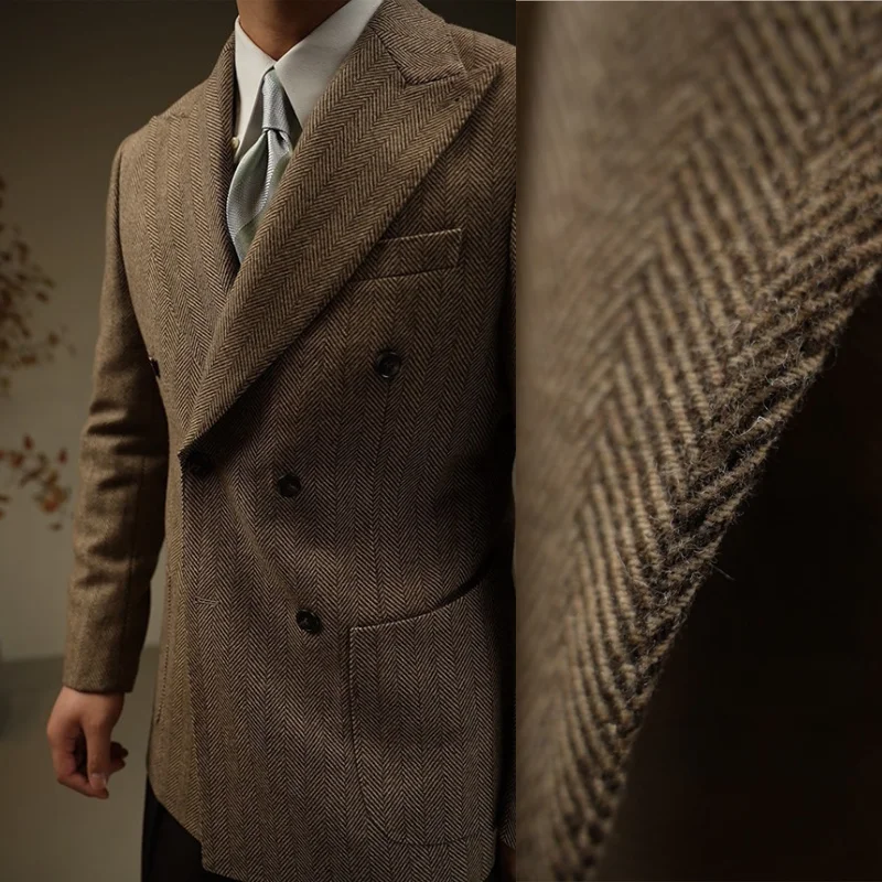 

Мужской пиджак в стиле ретро, коричневый, с узором «ёлочка», двубортный, деловой, для повседневной носки, из смесовой шерсти, повседневный пиджак