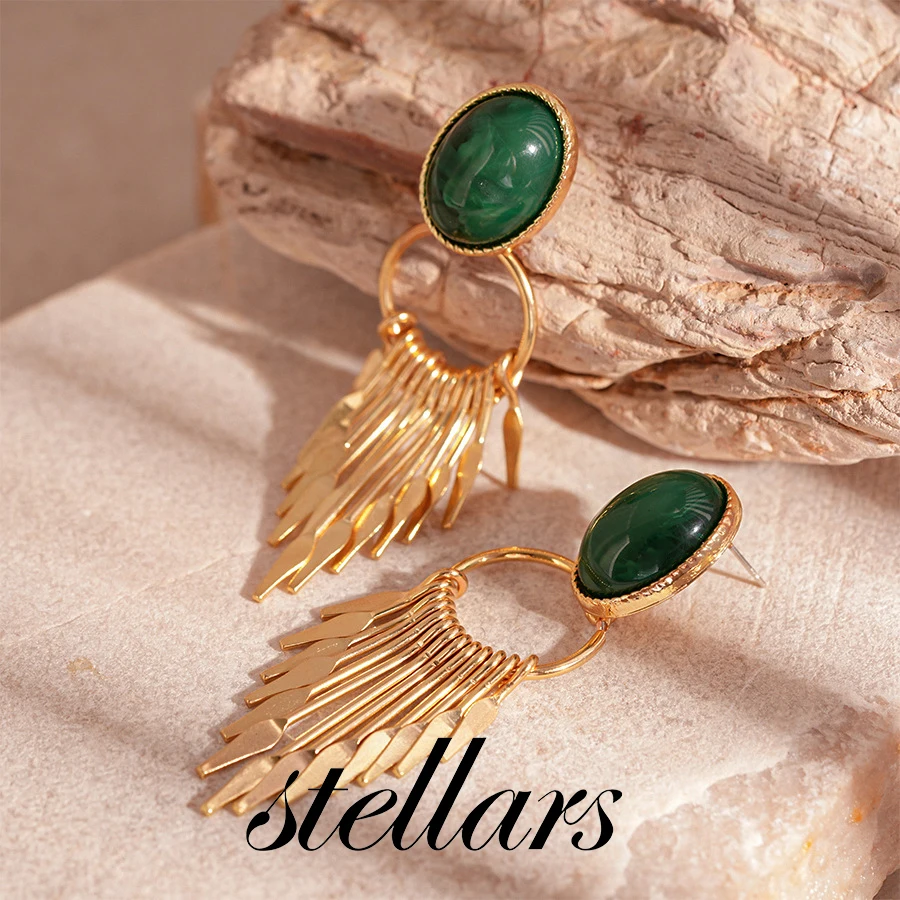 

Retro Resin Oval Metallic Tassel Silver Needle Earrings Fashionable and Niche Temperament High-end Earrings for Women