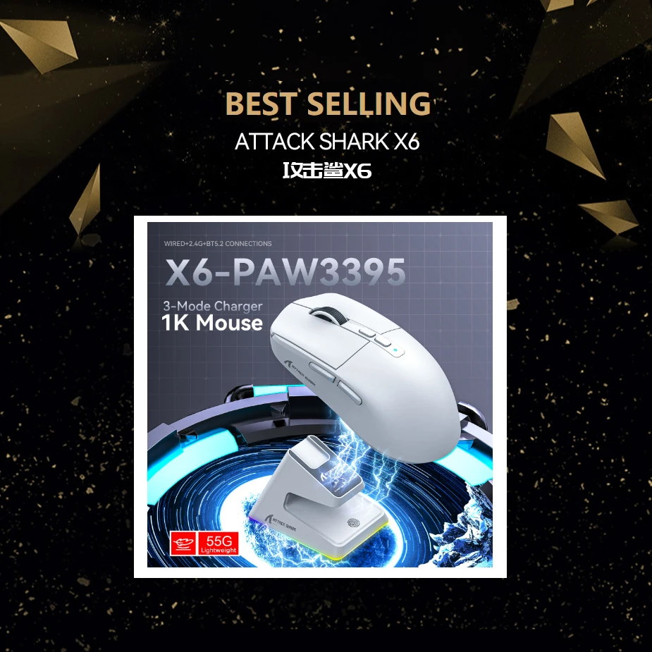 

TOP! Attack Shark X6 Lightweight Gaming Mouse Up To 26K DPI RGB Backlight Charging Base With 3 Mode For Laptop Deskbtop