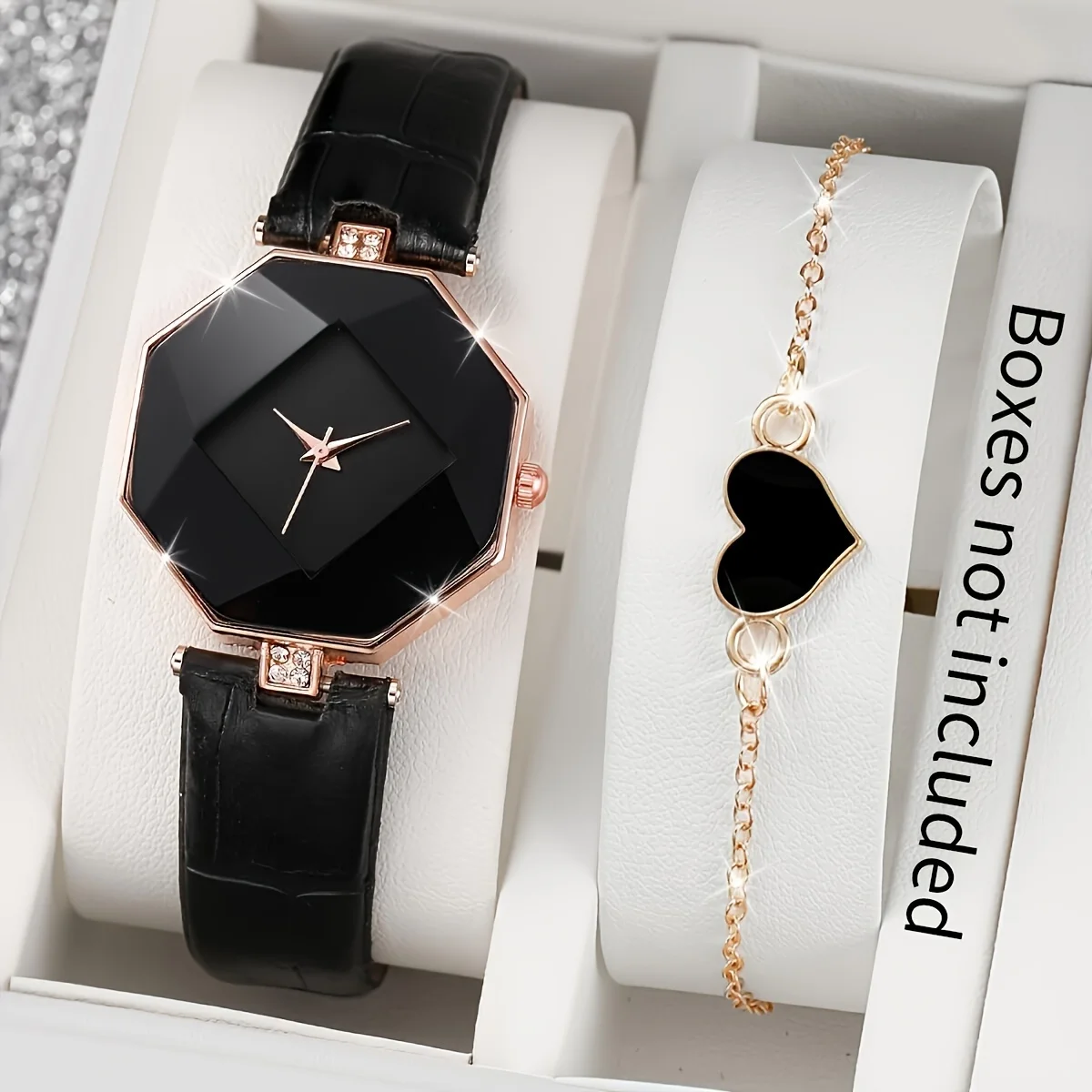2-piece/set women's casual polygonal pointer quartz watch simulated PU leather watch and heart-shaped bracelet