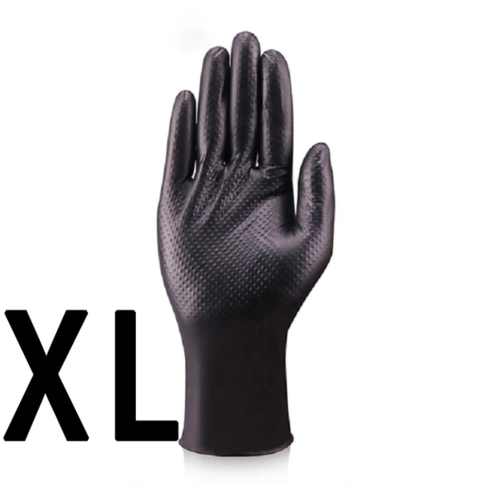 Dikke, zwarte/oranje nitril handschoenen, met een ruitpatroon, antislip en bestand tegen olie, geschikt voor mechanisch werk en autoreparaties.