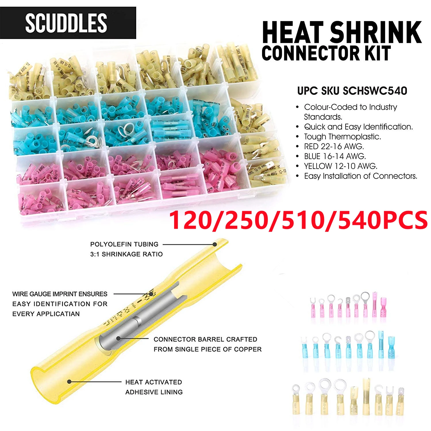 120-540Pcs Heat Shrink Wire Connectors, Waterproof Automotive Marine Electrical Terminals Crimp Connector Ring Fork Spade Splice