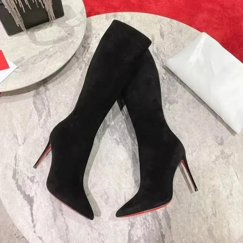 Fashion Luxury High Quality Sexy Crystal Red Sole Shoes Long Boots for Woman Pointed Toe Shoes Party Modern Autumn Booties Heels