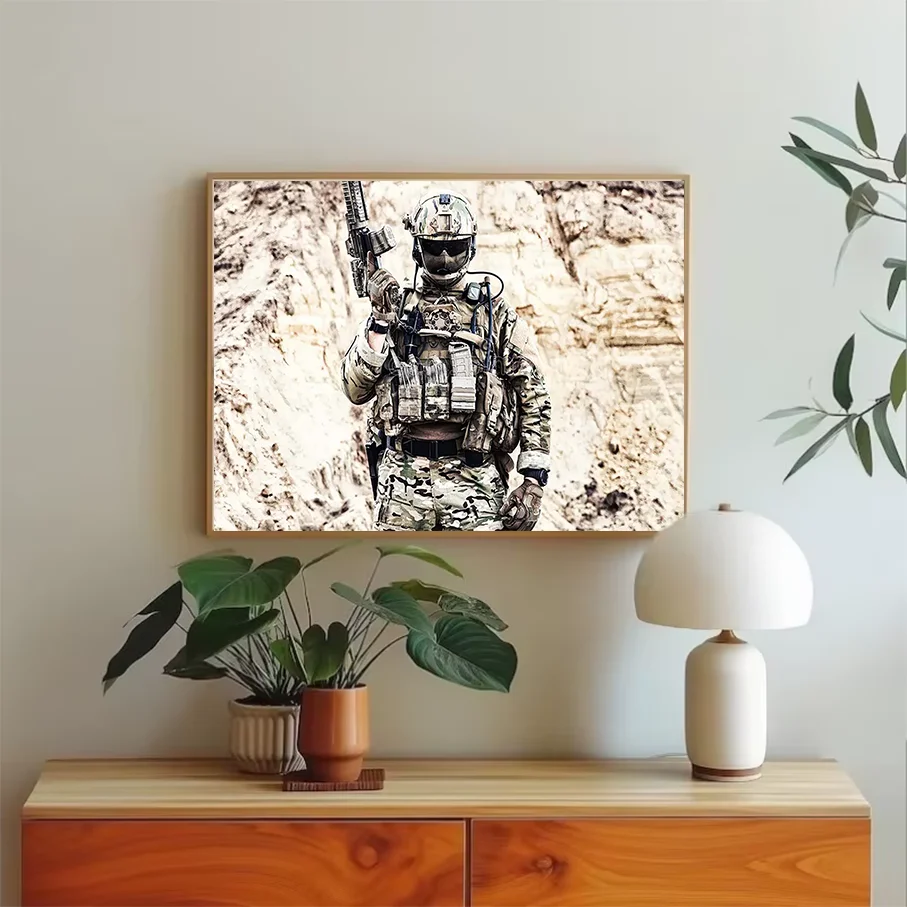 Soldier Camouflage Tactical Gear Rifle Wall Art Canvas Print frameless Poster Rock Background Living Room Home Decor