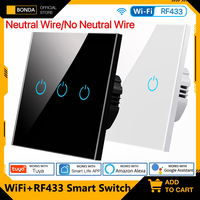 BONDA WiFi Smart Switch Alexa RF433 No Neutral Tuya Control Works With Google 1/2/3 Gang Smart Life Home Light Touch Switches EU