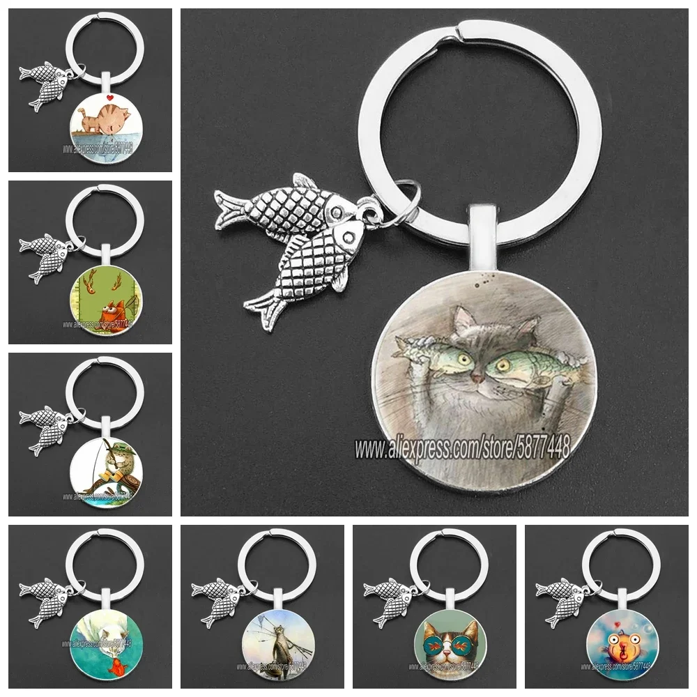 Naughty Cat and Fish Glass Pendent Keychain Cute Cat Who Wants To Eat Fish Key Rings for Women and Cute Girl