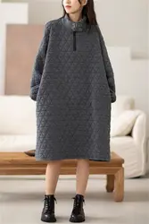 Personalized Winter Cotton Jacket Dress Medium Length High Neck Large Size Vintage Warm Quilted Sweatshirt Dress For Women z4180