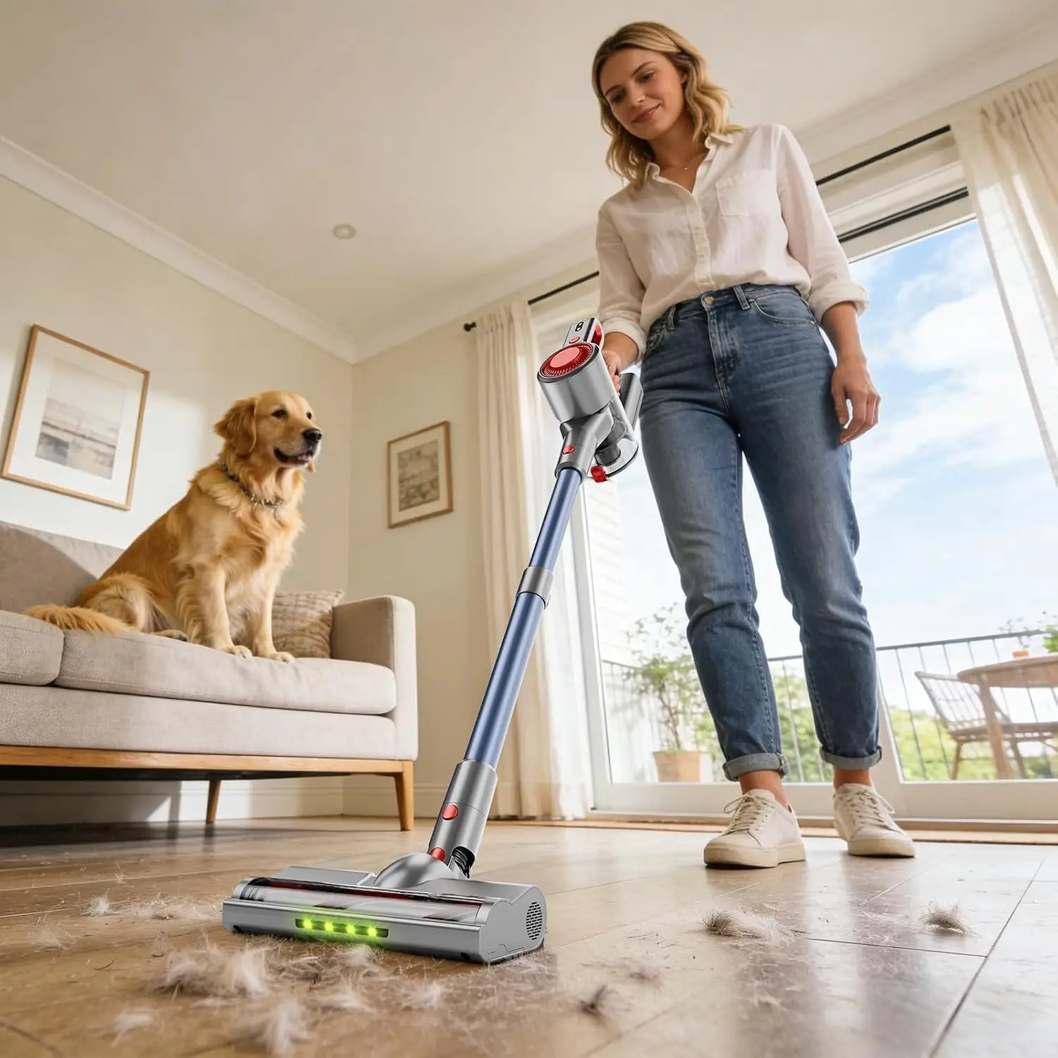 Powerful Cordless Stick Vacuum Cleaner for Home, 6-in-1 Lightweight Handheld Vacuum with Rechargeable Battery, Green Light Anti-Tangle Brush, Ideal for Pet Hair, Hard Floors and Carpets, Red