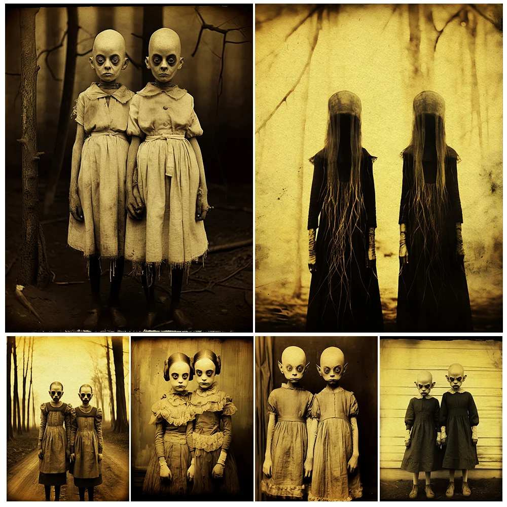 

Creepy Twin Photography Vintage Wall Art Canvas Painting Surreal Fantasy Horror Retro Photo Art Poster Print Home Decor Unframed
