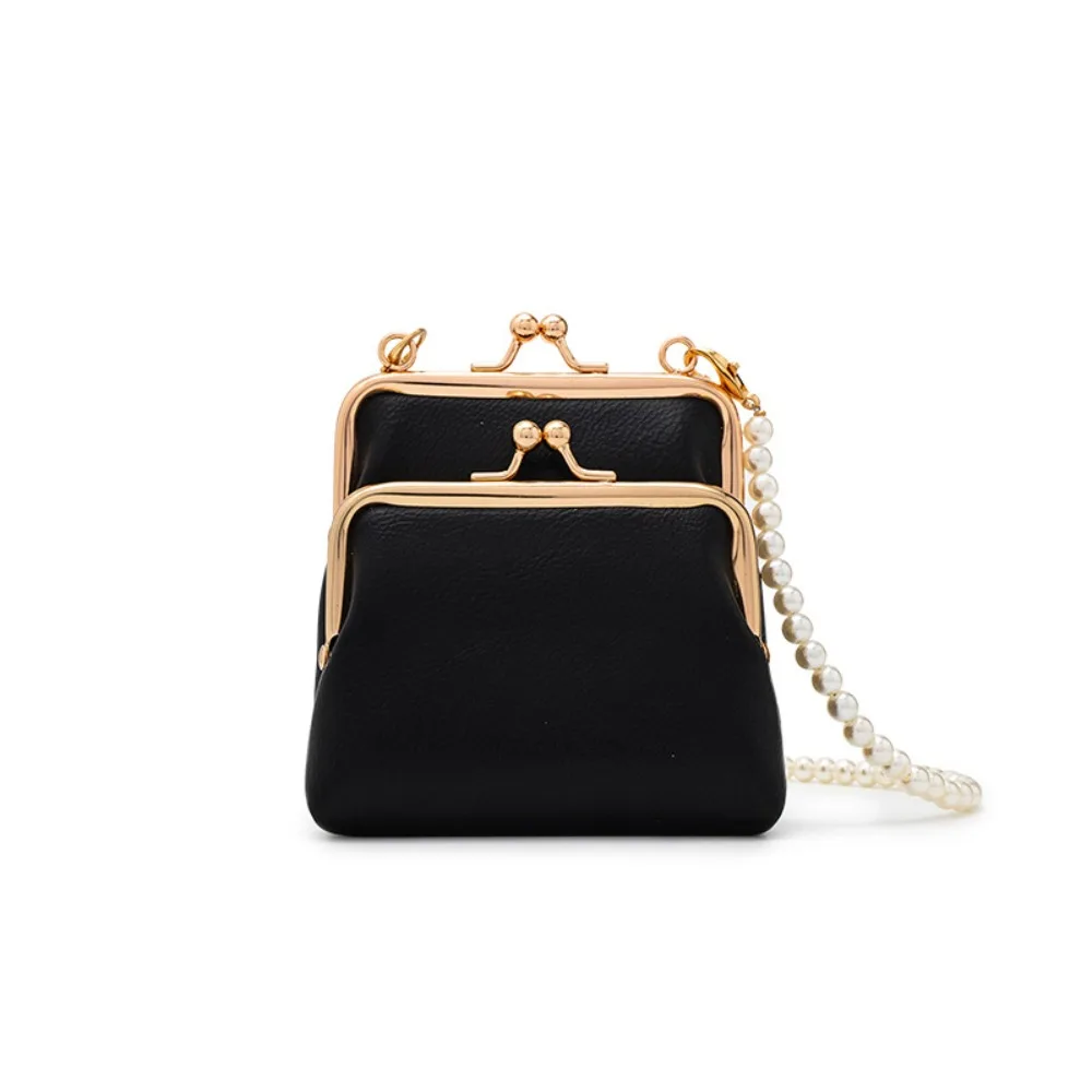 Double Layer Mini Crossbody Bag Detachable Strap Pearl Chain Kiss Lock Purse PU Leather Clip Frame Tiny Handbag For Dating Gift