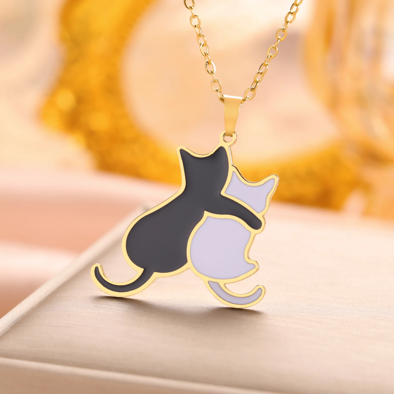 Niedliche Katzen- und Hundeanhänger-Halskette aus Edelstahl, Damen-Schmuck mit Haustier-Katzen- und Hundeanhänger, Paar-Schmuck zum Valentinstag oder zum Muttertag