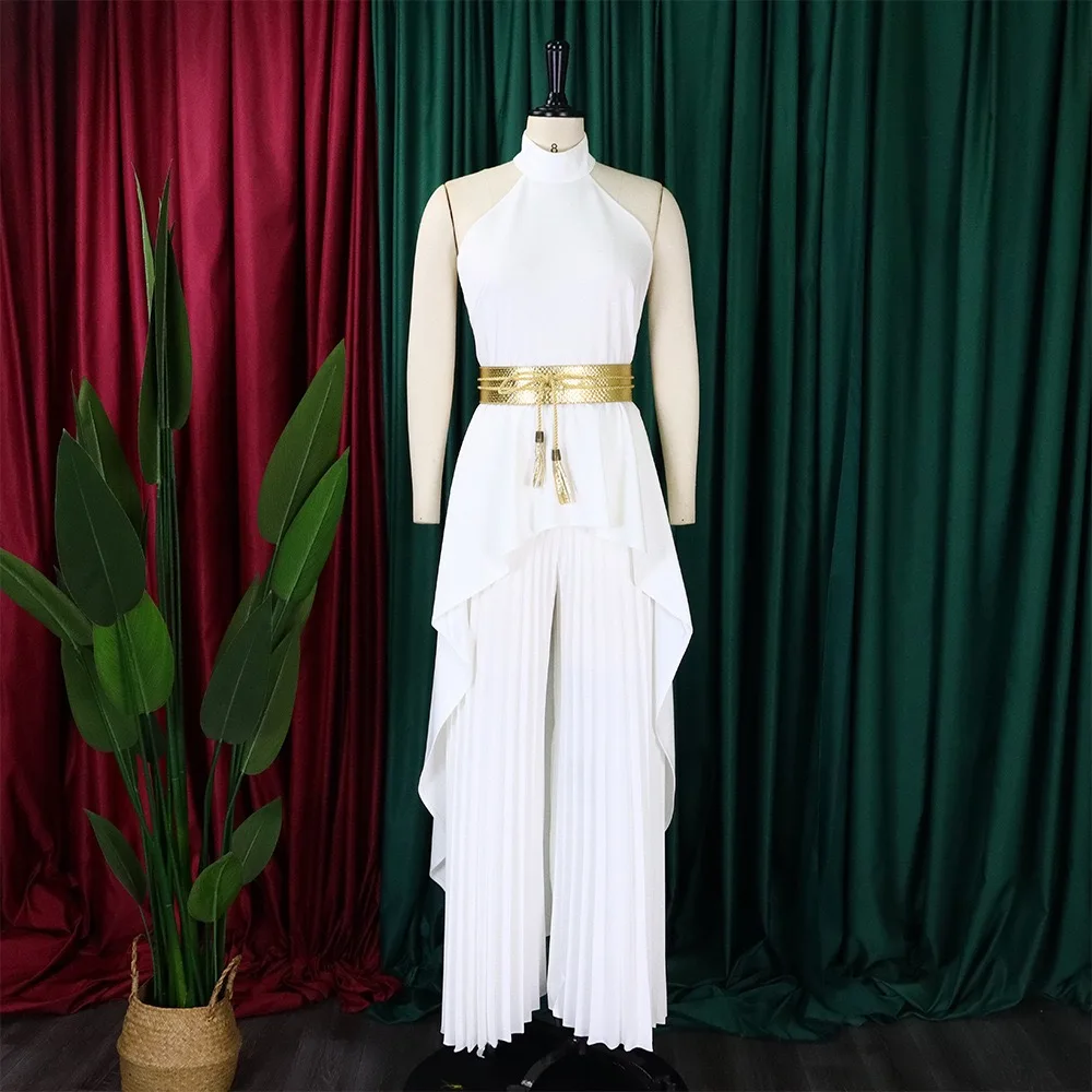 Women 2 Pieces Pants Sets Blouse Sleeveless & Wide Leg Pants Pleated Belt Waisted Elegant Ladies Outfits Matching Pants Sets Hot