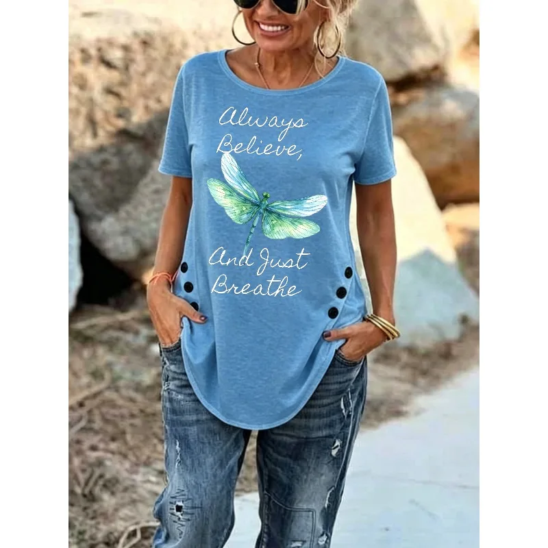 ilstile Women's Just Breathe Print T Shirt Summer Short Sleeve Casual Loose T-Shirts Round Neck Tops Tees New Arrival