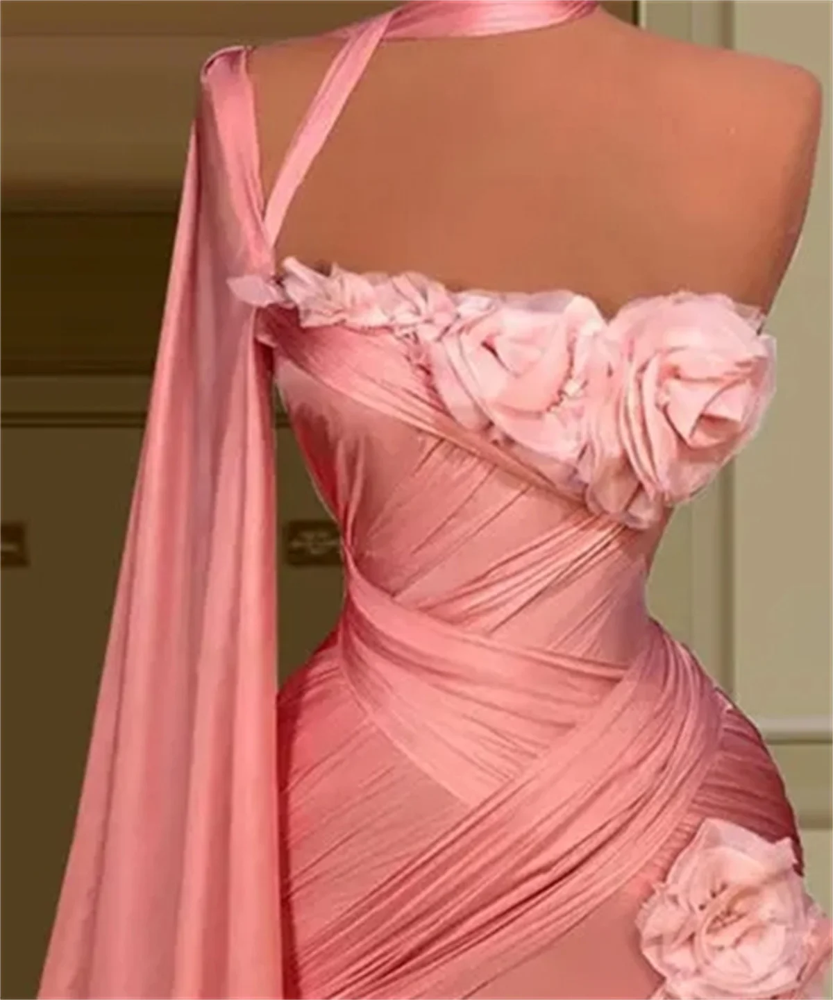 Elegant One Shoulder 3d Flower Satin Mermaid Evening Dress Fashion Sleeveless Ruched Cap Sleeve Prom Party Gown 2024 New Pink