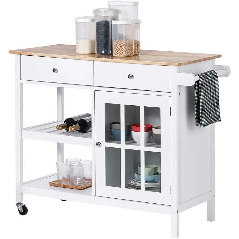 ChooChoo Rolling Kitchen Island, Portable Kitchen Cart Wood Top Kitchen Trolley with Drawers and Glass Door Cabinet, Wine Shelf,