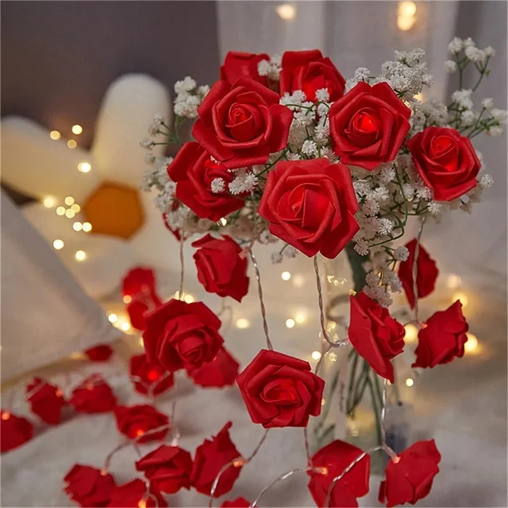 1.5m Led Simulation Artificial Rose String Lights Christmas Wreath Valentine's Day Proposal Wedding Decor Fairy Lights Decor