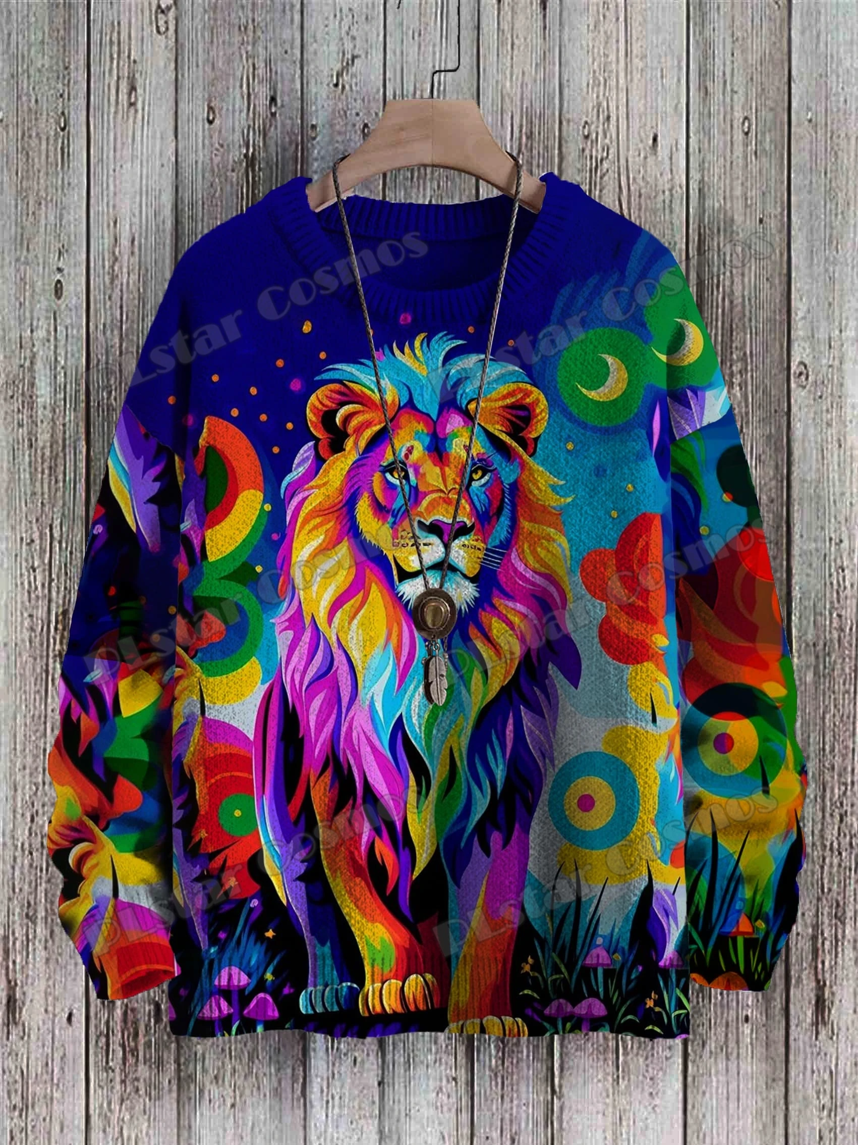 Wolf Vintage & Retro Colorful Lion Pattern 3D Printed Men's Knitted Pullover Winter Unisex Casual Knit Pullover Sweater ZZM115