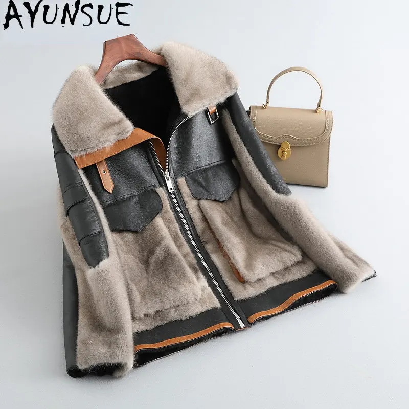 AYUNSUE-abrigo de piel auténtica para mujer, chaquetas de piel auténtica con cuello de piel de visón, Abrigos informales, Abrigos SGG