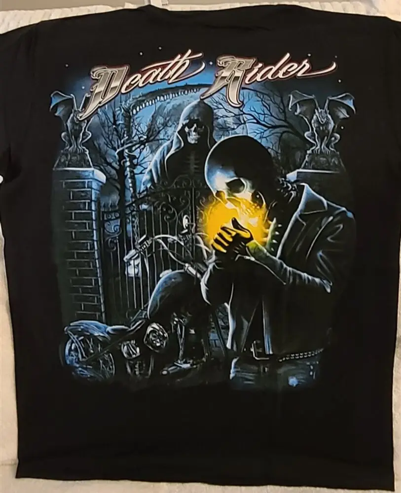 SKELET SCHEDEL BIKER MOTORFIETS GRIM REAPER SCYTHE DEATH RIDER GARGOYLE T-SHIRT