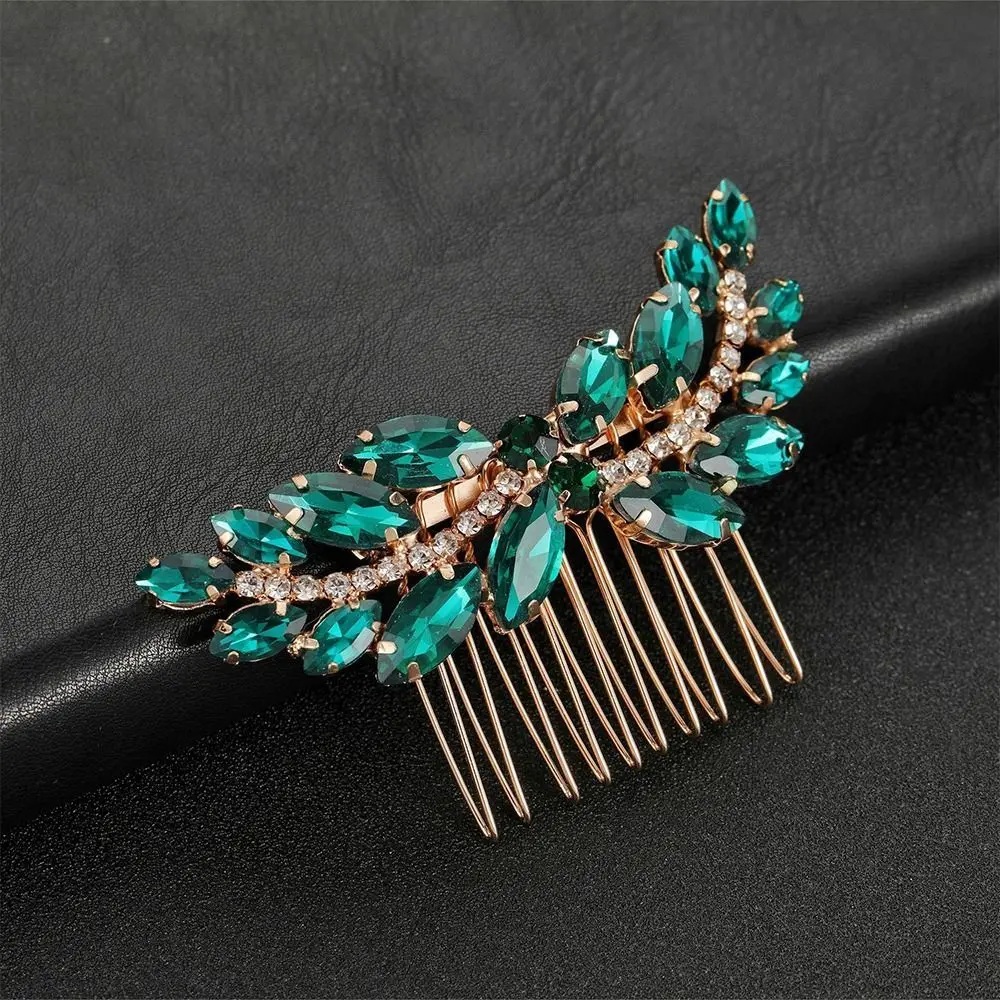 Bride Hairpins Tiaras Rhinestone Green Hair Combs For Women Fashion Beaded Golden Leaf Side Pins Bride Wedding Heapdiece Jewelry